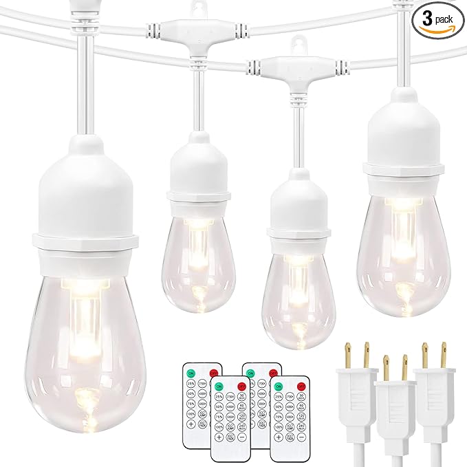 Mlambert 3 Color Outdoor LED Dimmable String Lights with Remote Plug in 144FT(3x48FT) Waterproof Shatterproof LED Light for Patio Backyard-White Cord