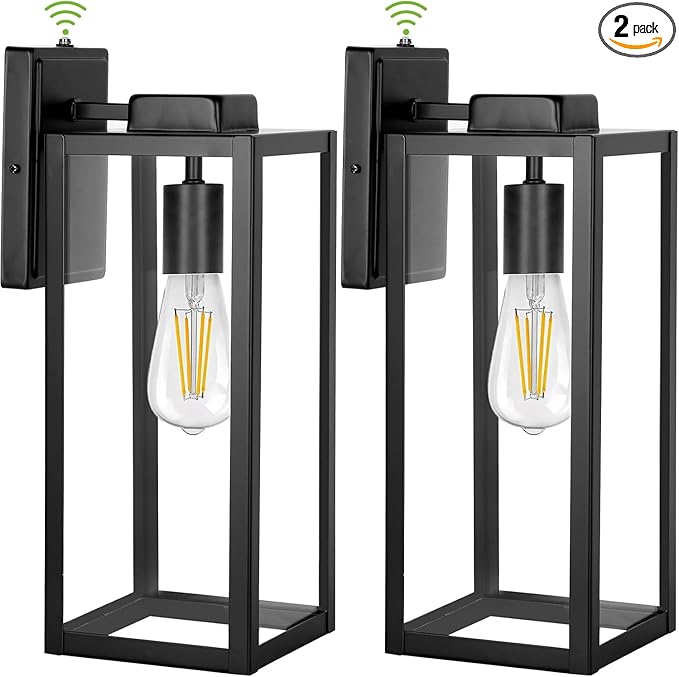 hykolity Large Outdoor Wall Light 16 Inch Lantern Dusk to Dawn Exterior Waterproof Sconce Anti-Rust Mounted Lighting with Glass Shade Matte Black Lamp with E26 Socket for Porch 2 Pack