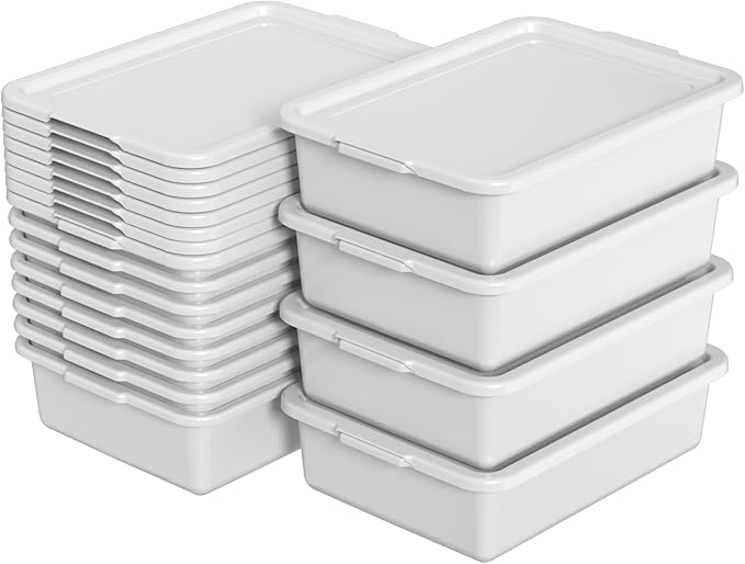 12 Packs Plastic Bus Tubs 13 L (3.4 Gal) Commercial Bus Box with Lid Gray