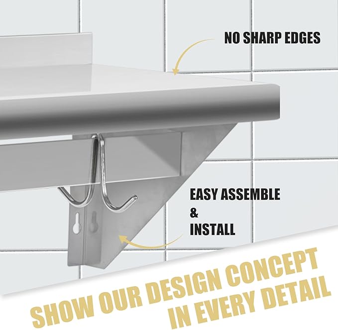 Hally Stainless Steel Shelf with 6 Hooks 18 x 48 Wall Mounted Pot Rack 400lb NSF Commercial Floating Shelving for Storage Hanging Pots Pans cookware in Restaurant Kitchen Home and Hotel