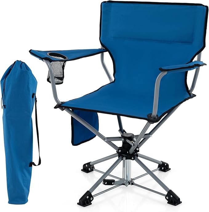 Tangkula Swivel Camping Chair Portable Lawn Chair with Cup Holder Storage Pocket Carrying Bag Lightweight Outdoor Folding Chair for Outside Camp Fishing Hiking Beach No Assembly Needed