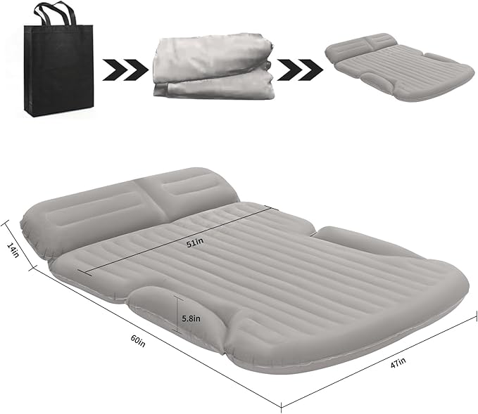KMZ SUV Air Mattress Thickened and Double-Sided Flocking Travel Camping Bed with 2 Pillows &amp Electric Pump Dedicated Mobile Cushion Inflatable Bed for SUV Trunk and Rear Seat (Light Gray)