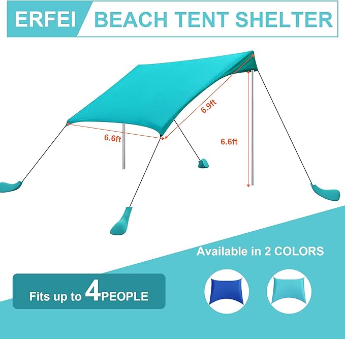 Beach Tent Sun Shelter UPF50+ with Sandbags Sand Shovel &amp Windproof Poles - Portable Pop Up Canopy for Beach Camping Picnics Backyard &amp Fishing (Cyan6.9x6.5FT)