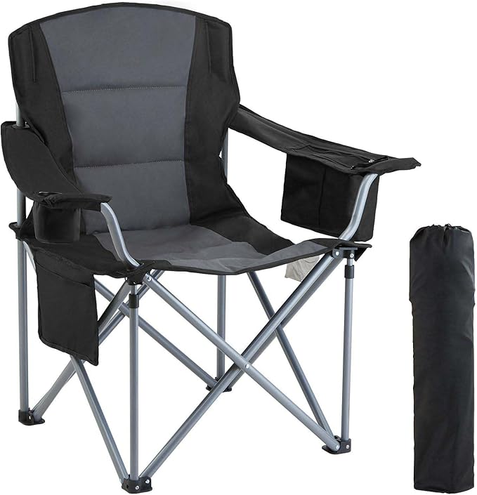 Oversized Camping Folding Chair Heavy Duty Outdoor Quad Lumbar Back Padded Arm Chairs with Side Pockets Cup Holder &amp Cooler Bag Portable Chairs for Beach Lawn Picnic Fishing Support 450 LBS