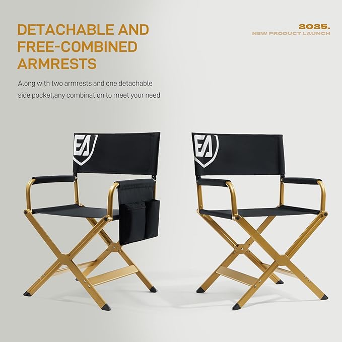 EVER ADVANCED Aluminum Directors Chair Folding Studio Movie Chairs Camping Event Vendor Chair 19 Seat Height Black Fabric/Golden Frame Support 350lbs