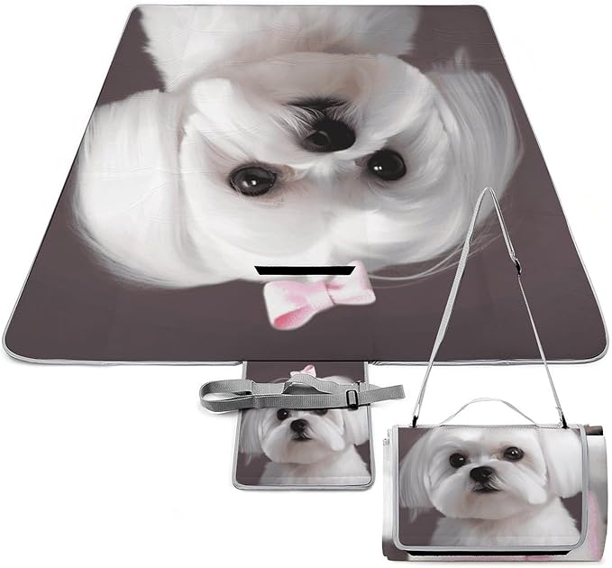 Lovely Maltese Dog Beach BlanketPortable Waterproof Picnic Blanket58.3''x 58.3'' Extra Large Picnic Mat for BeachCamping Grass Lawn Park Accessorie for Festival BBQ