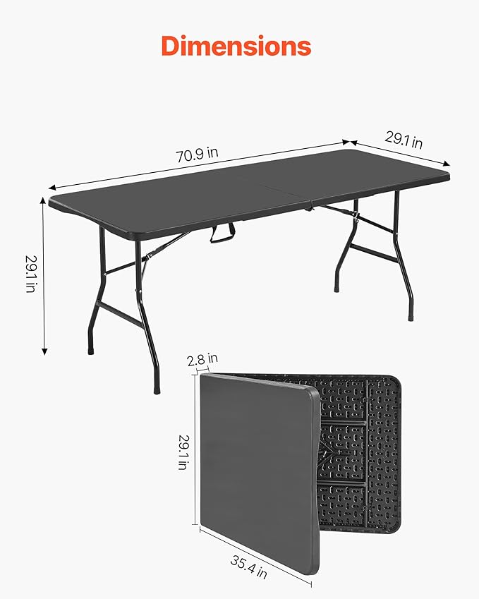 VEVOR Folding Table Heavy Duty Portable Fold-in-Half Utility Table Indoor Outdoor Plastic Rectangle Table with Built in Handle for Party Dining Wedding Events Picnic Camping 6 ft Black