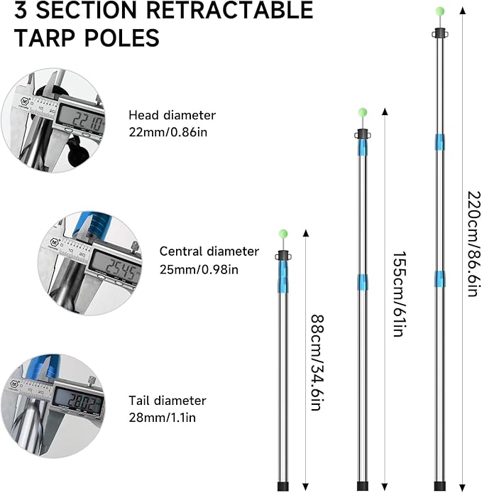 KOMCLUB Telescoping Tent Tarp Pole Adjustable Tarp Poles 3 Section Heavy Duty Canopy Poles Stainless Steel Portable Camping Poles 33-86.61 for Hiking Car Canopy Awning 2Pcs Set (Blue)
