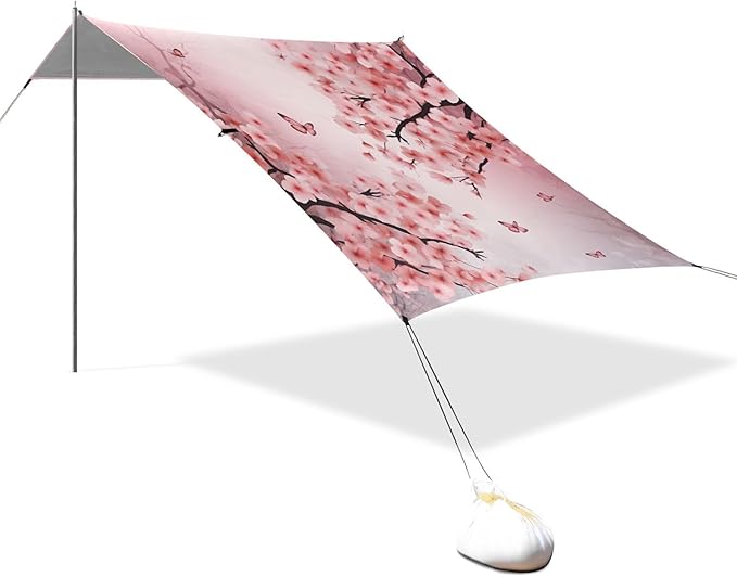Pink with Butterflies Beach Tent Sun Shelter 9.2' x 10.5' Beach Canopy with 4 Sandbags 4 Stability Poles Sand Shovels - Tent Canopy for Beach Camping Fishing Picnics