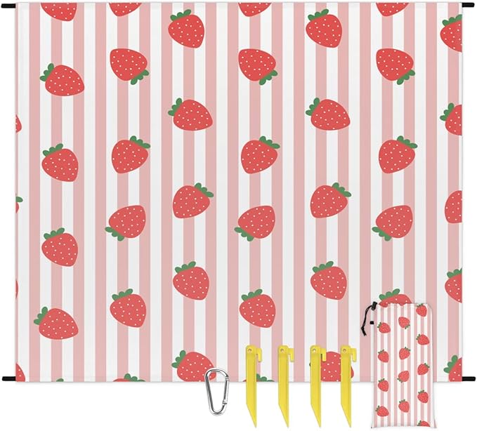 Strawberry Strip Lightweight Beach Blanket Waterproof Sandproof 59X68 Sand Free Beach Mat with 4 Stakes Compact Outdoor Blanket for Beach Quick Drying Picnic Mat for Travel Camping