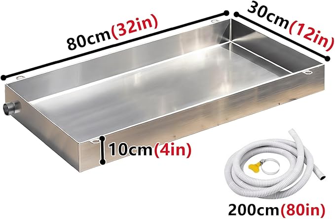 304 Stainless Steel AC Drain Pan with Flexible Hose 4 Height Leakproof Tray for Air Conditioners Kitchens &amp Plants (30x80cm / 12x31in)