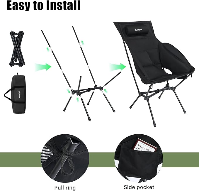 SUNNYFEEL Lightweight Backpacking Chair Oversized Wider Cotton-Padded Camping Chair Portable High Back Folding Chair with Adjustable Pillow for Hiking Heavy-Duty 330 Pound Capacity Black