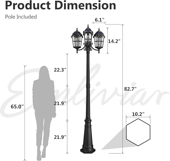 Emliviar 82.7 3-Head Outdoor Solar Lamp Street Lights Dusk to Dawn Post Lighting for Driveway Garden LED Exterior Black Pole Light with Water Grain Glass YXE302PL-3 SL BK