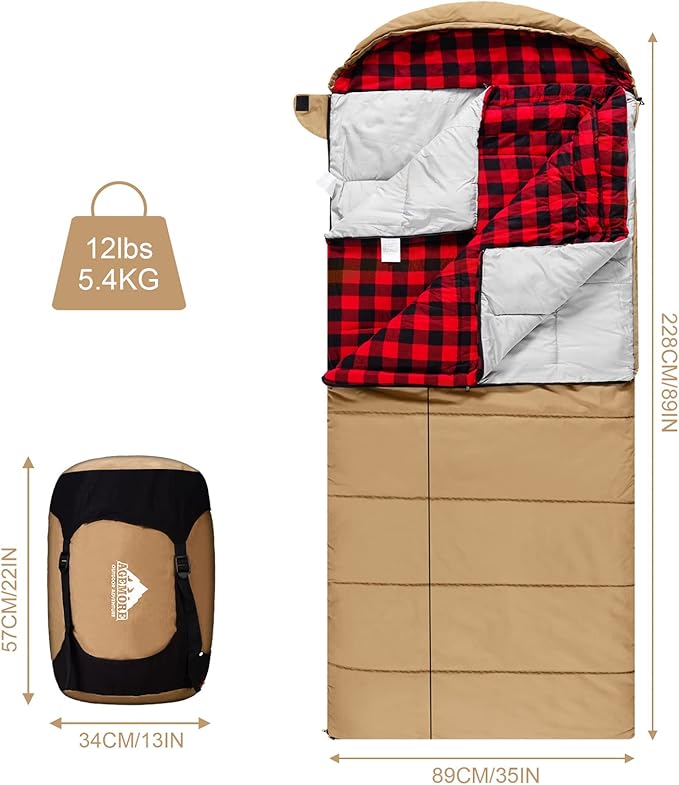 AGEMORE 0 Degree Canvas Sleeping Bag for Adults Cotton Flannel Sleeping Bag for Winter Camping Fishing Hunting or Traveling Durable Cotton Canvas Shell and Removable Flannel Liner