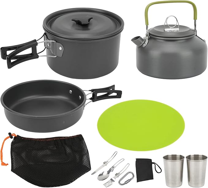 Camping Cookware Mess Kit Portable Set Hard Oxidized Aluminum Lightweight Black - Non Stick Surface Folding Utensils Ideal for Backpacking and Outdoor Cooking