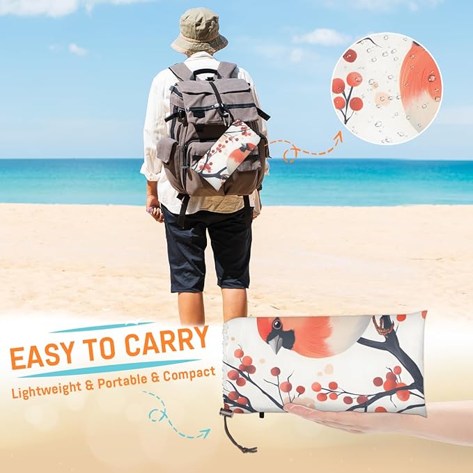 Waterproof Sandproof Beach Blanket 59''×68'' Spring Animal-Bird Polyester Outdoor Picnic Blanket with 4 Stakes &amp Storage Bag for BeachCampingVacation