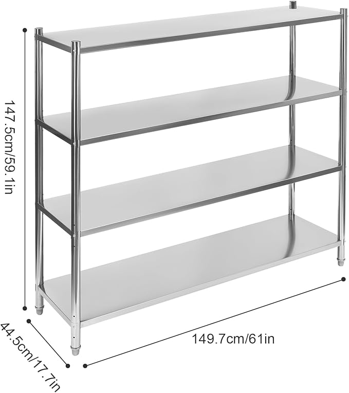 Stainless Steel Shelves59.1x17.7x61 Inch 4 Tier Shelving UnitAdjustable Height Stainless Steel Storage Shelf for Shopping MallsSupermarketsConvenience Stores (529lbs)