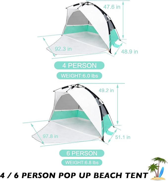 Beach Tent Pop Up Shade Instant Beach Tents Sun Shelter with UPF 50+ UV Protection Lightweight &amp Easy Setup Tent 2-6 Person