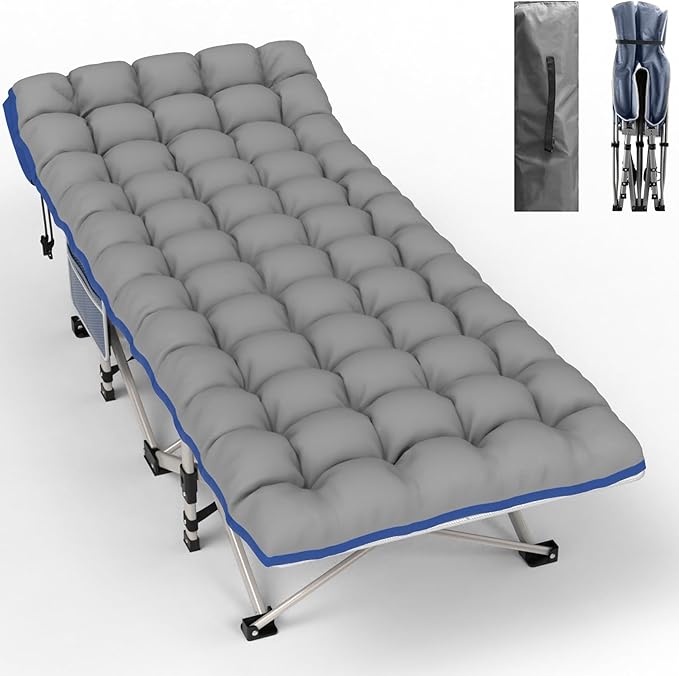 Seeutek Folding Camping Cot for Adults with Carry Bag Portable Bed with Detachable Cushion Waterproof 1200D Oxford Fabric Cot Bed for Camping Hunting Lounging Camping Cots Blue Cot &amp Gray P