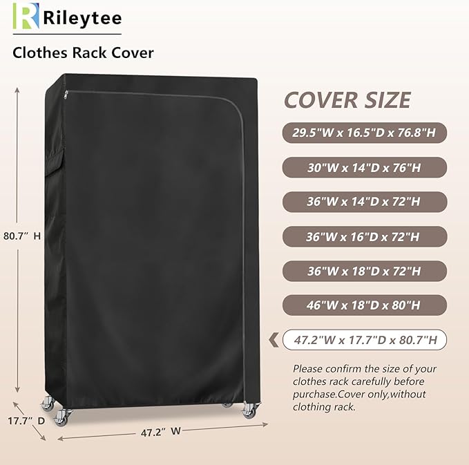 Garment Rack Cover600D Heavy Duty Waterproof Clothing Rack CoverClothes Rack Cover with Zipper for Metal Garment Rack（47.2W x 17.7D x 80.7HCover Only)