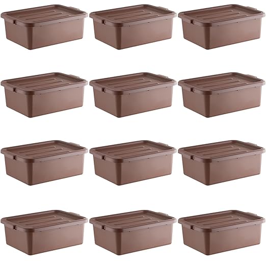 12-Pack Polypropylene Bus Tub with Cover Durable Bus Box for Professional Food Service Use Plastic Restaurant Tub Commercial Tote Box for Food Service or Transporting (20 x 15 x 7) Brown