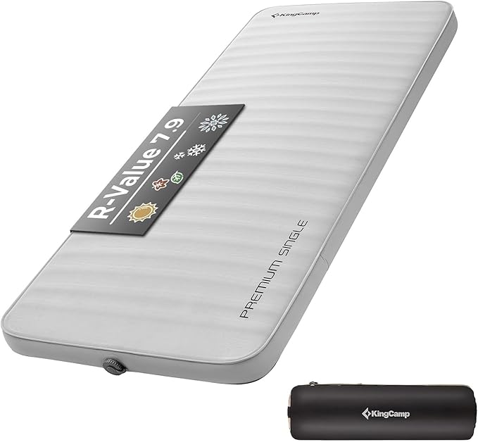 KingCamp PREMIUM SINGLE Self Inflating Sleeping Pad 7.5 R-Value Air &amp Foam Camping Mattress 3 Thick Insulated Sleeping Pad with Pump Sack for Car Camp Tent PVC Free Single Light Grey