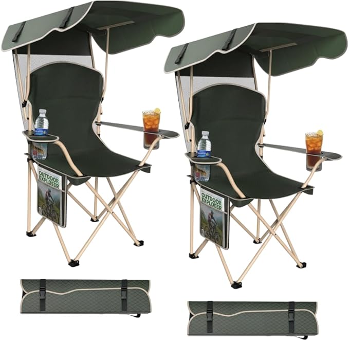 Portable Folding Camping Chairs with Canopy Shade Beach Chair for Adults Durable Weather Resistant 600D Oxford Cloth Camping Chair with Canopy for Outdoors [Olive Green-2 Pack]