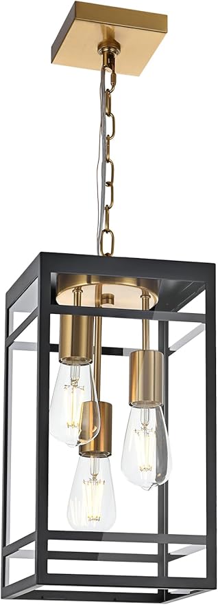3-Light Outdoor Pendant Lights for Porch Black &amp Brushed Brass Outdoor Chandelier 16'' Exterior Hanging Porch Light Fixtures w/Clear Glass Waterproof Outside Pendant Lantern for Garage