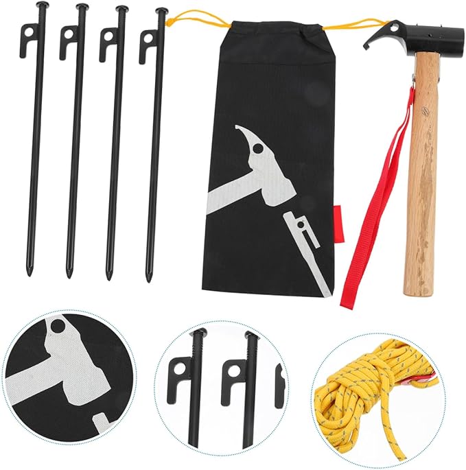 Camping Peg Hammer Set with Wood Handle and Steel Head Multifunction Tent Stake Tool Kit for Ground Nail Fixing and Outdoor Shelter Setup