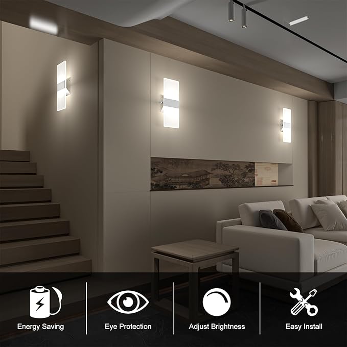 ChangM Modern Wall Sconces Set of Two 12W Acrylic Led Wall Light Equipped with a Rotary Switch to Adjust Brightness 10%-100% Indoor Wall Mounted Lights Hardwired 6000K Cool White