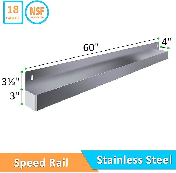 Stainless Steel Speed Rails - Bottle Rack for Bars Restaurants and Service Stations | Wall or Counter Mount (60 Single Rail)
