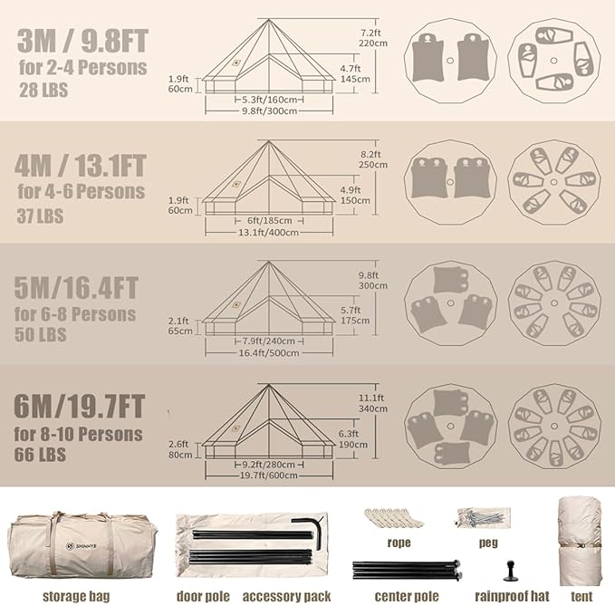 Canvas Bell Tent Yurt Tent 4 Seasons for Camping 100% Cotton Glamping Tents with Stove Jack Family Camping Outdoor Hunting Party