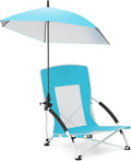 Giantex Low Folding Beach Chair with Detachable &amp Adjustable Umbrella Carrying Bag Padded Armrests Mesh High Back Load 330 LBS Anti-Slip Foot Pads Camping Chair for Picnic Lawn Blue
