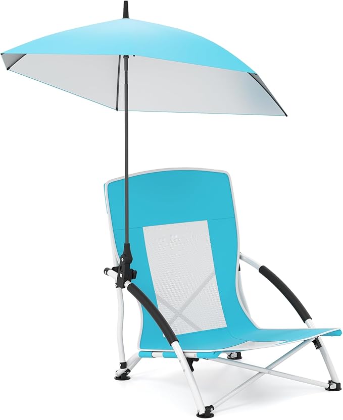 Giantex Low Folding Beach Chair with Detachable &amp Adjustable Umbrella Carrying Bag Padded Armrests Mesh High Back Load 330 LBS Anti-Slip Foot Pads Camping Chair for Picnic Lawn Blue