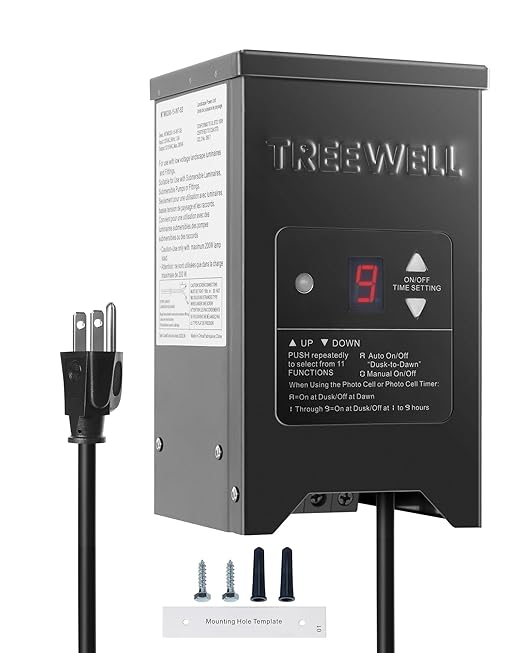 150W Low Voltage Landscape Transformer Outdoor Landscape Lighting Transformer with Photocell Sensor &amp Timer 120V AC to 12V/15V AC Stainless Steel Waterproof Transformer Black ETL Listed