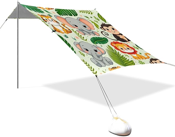 Cute Jungle Animals Palm Leaf Camping Sun Shelter Beach Tent Portable Beach Sun Shade Outdoor Canopy for Camping Trips Fishing Picnic