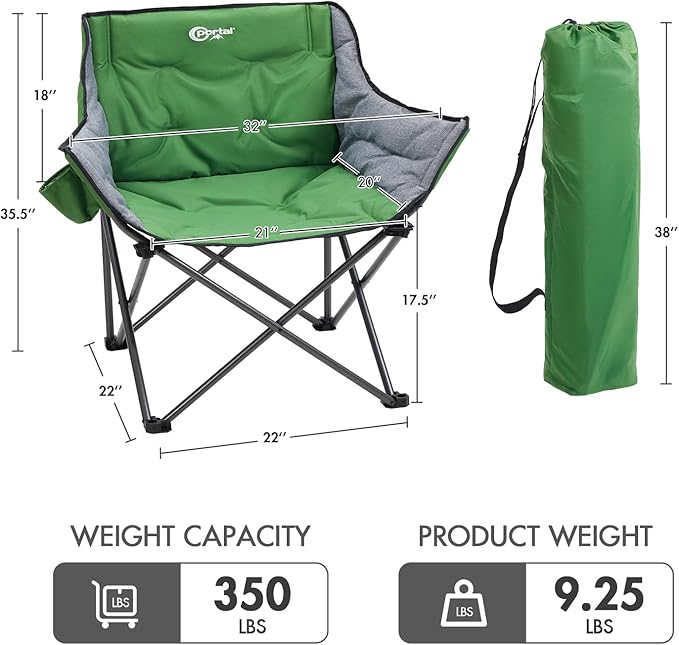 Portal 32 Oversized Camping Chair Foldable Heavy Duty 350 lb Padded Ergonomic Seat for Big &amp Tall Adults Pinch-Free Extra Wide Design Featuring Cup Holder &amp Carry Bag for Fishing Lawn &amp