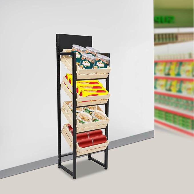 Market Retail Display Rack 4-Tier Fruit Vegetable Storage Rack Solid Wood Baskets &amp Iron Frame 44.09LBS per Tier Load Space-Saving Free Standing Shelf for Supermarket Home Fruit Store
