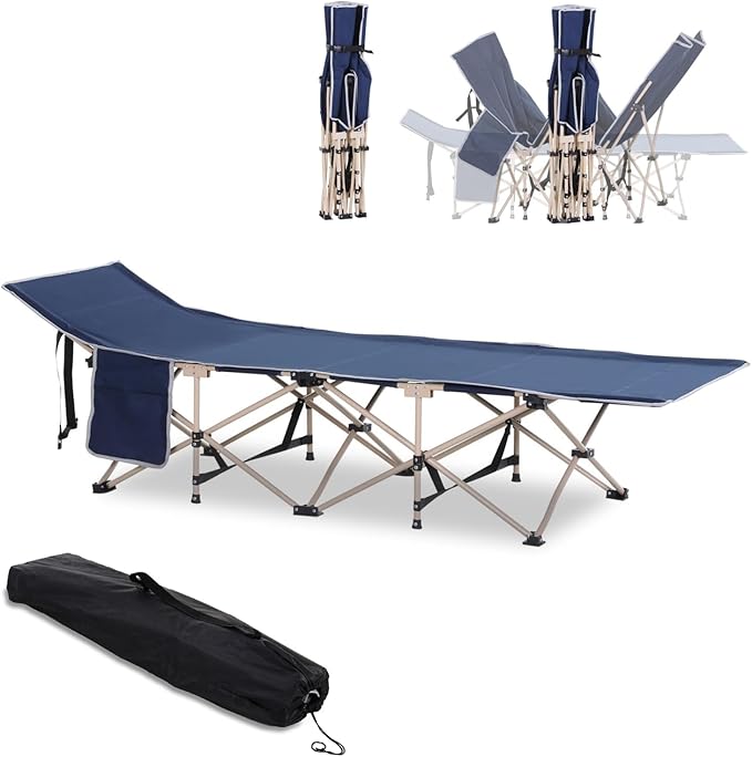 Folding Camping Cot for Adults with Carry Bag &amp Side Pocket Outdoor Portable Sleeping Bed for Camping Travel Vacation 330 lbs. Capacity