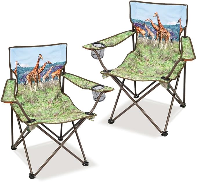 2 Pcs Animal Pattern Camping ChairFolding Backpacking Lightweight Beach Chair w/Cup HolderMesh Side PocketCarry BagPortable Lawn Chair for Adults Family Outdoor PartiesHikingGiraffes