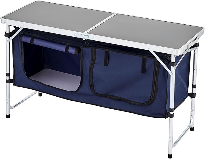 VEVOR Camping Kitchen Table Folding Outdoor Cooking Table 3 Adjustable Height Aluminum Lightweight Portable Cook Station with Storage Organizer Carry Handle for BBQ Party Picnic RV Travel Blue