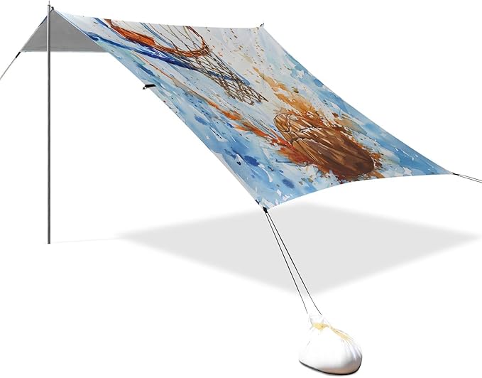 ALAZA Basketball Basket Watercolour Beach Tent Sun Shelter UPF50+ Protection Beach Shade Canopy w/ 4 Sandbags for Outdoor Camping Fishing Backyard Fun Picnic 10x9 ft