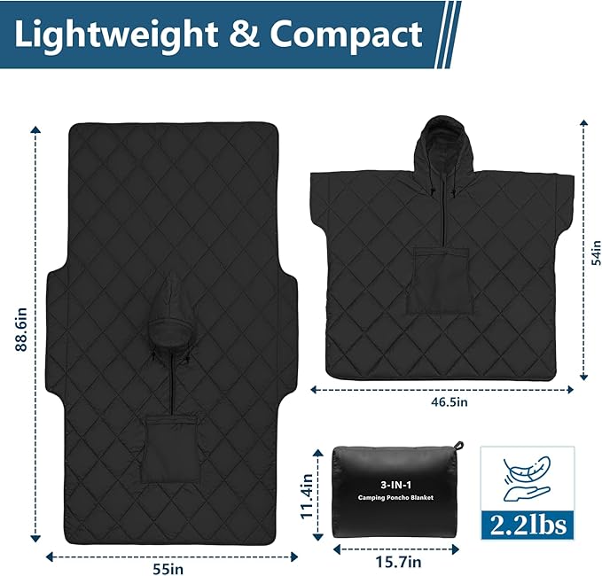 Camping Outdoor Blanket Ultralight Down Alternative Printed Travel Camp Blankets for Sleeping Packable Waterproof Puffy Quilt for Hammock Picnic Stadium Beach Cold Weather (Black Blanket Poncho)