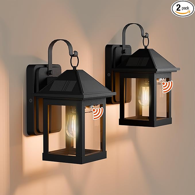 Solar Wall Lanterns Outdoor 2 Pack with E26 Bulb Dusk to Dawn Motion Sensor 3 Modes Waterproof Porch Wall Lights for Patio Fence Garage Front DoorEntryway