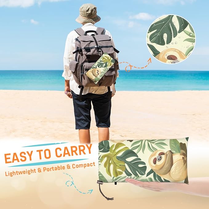 Waterproof Sandproof Beach Blanket 59''×68'' Sloth Polyester Outdoor Picnic Blanket with 4 Stakes &amp Storage Bag for BeachCampingVacation Leaves