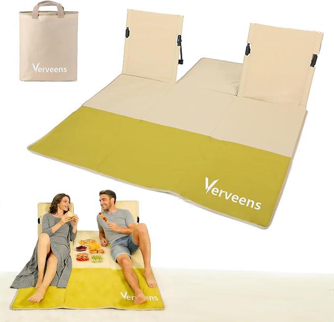 2-Person Portable Beach Lounge Chair with Carry Bag - Lightweight Outdoor Picnic Mat with Back Support for Beach Picnic Concerts Camping &amp Park (Beige and Yellow)