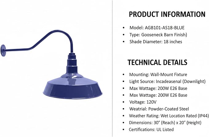 AGB101-AS18-BLUE Gooseneck Barn Light - Blue Outdoor Dome with Incandescent Downlight | Wall-Mount Fixture for Patios Gardens Pathways and Large Outdoor Living Spaces