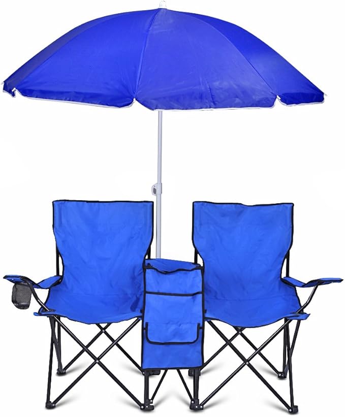 Flexzion Double Folding Beach Chair with Umbrella Table Cooler and Bag Portable Compact Folding Chair 2 Person Camping Chair with Canopy for Adults and Kids Outdoor Fold Up Chair Blue