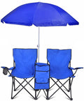 Flexzion Double Folding Beach Chair with Umbrella Table Cooler and Bag Portable Compact Folding Chair 2 Person Camping Chair with Canopy for Adults and Kids Outdoor Fold Up Chair Blue