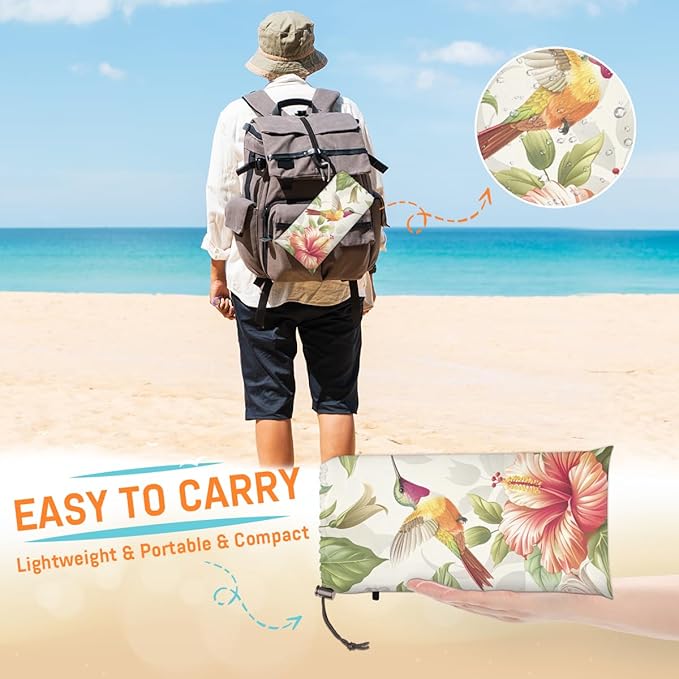 Waterproof Sandproof Beach Blanket 59''×68'' Flower-Hummingbird Polyester Outdoor Picnic Blanket with 4 Stakes &amp Storage Bag for BeachCampingVacation White